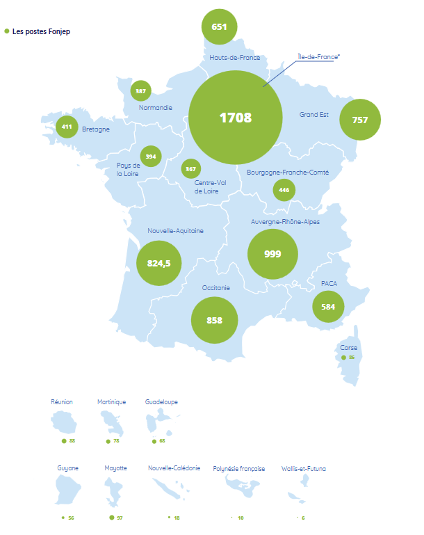 Carte des postes Fonjep par région en 2023